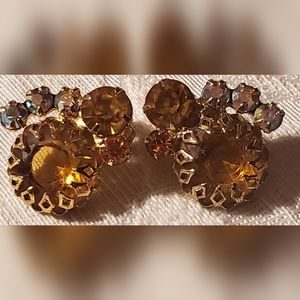 Amber Brilliant Glass Clip-on Vintage Rhinestones Earrings